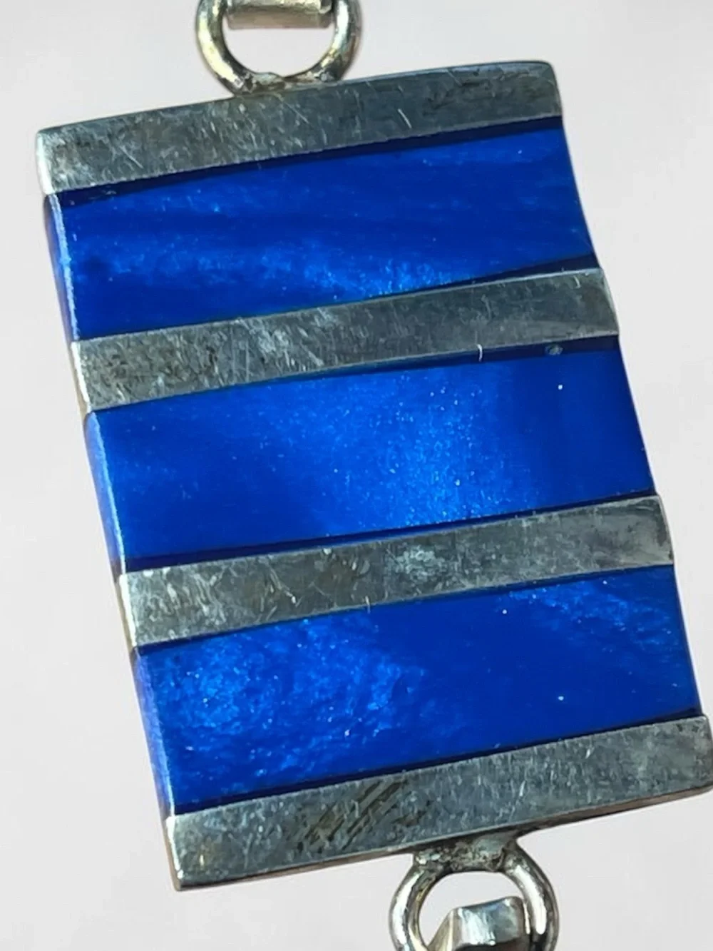 Alpaca Mexico Lapis Lazuli Inlay Hinged Bangle Bracelet Blue Stone 7.25”